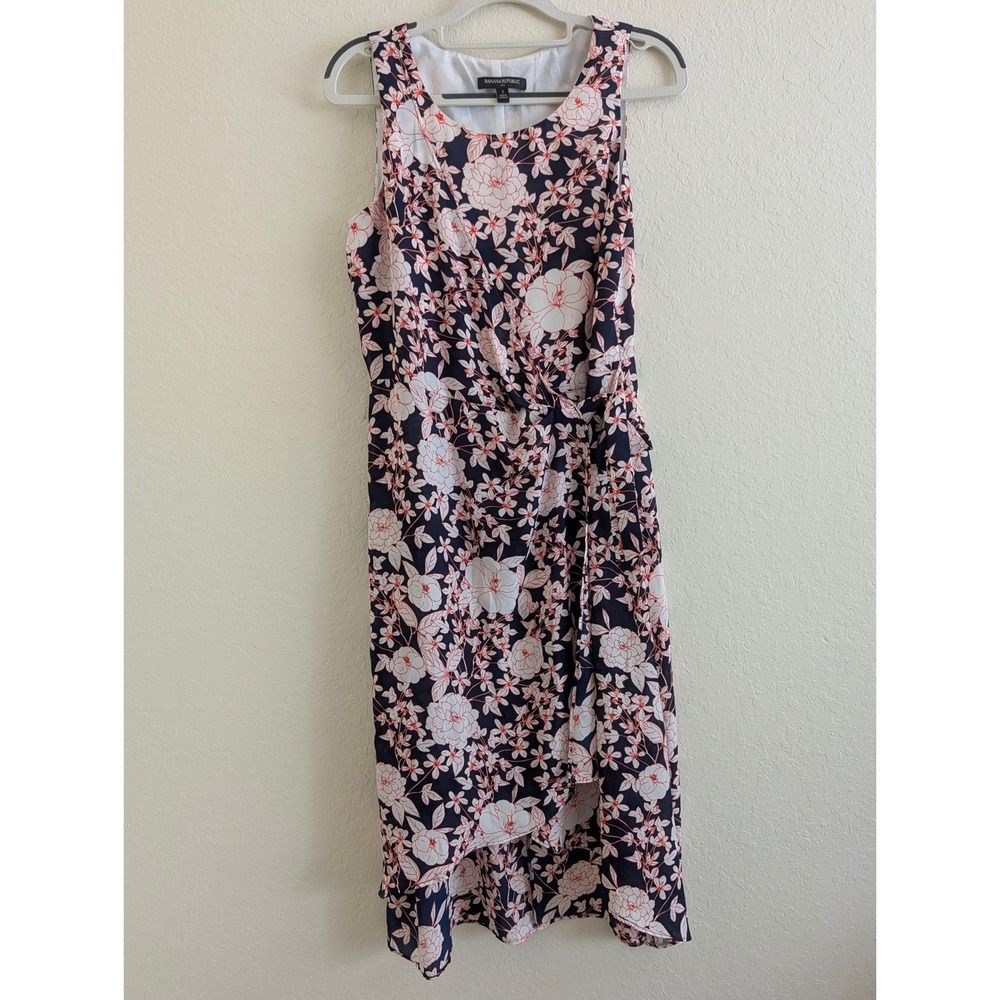 Banana Republic Navy Floral Faux Wrap High Low Midi Dress Size 2